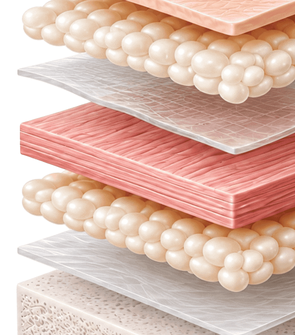 Diagram of the five layers of facial aging: bone, fat, muscle, structure, and skin.